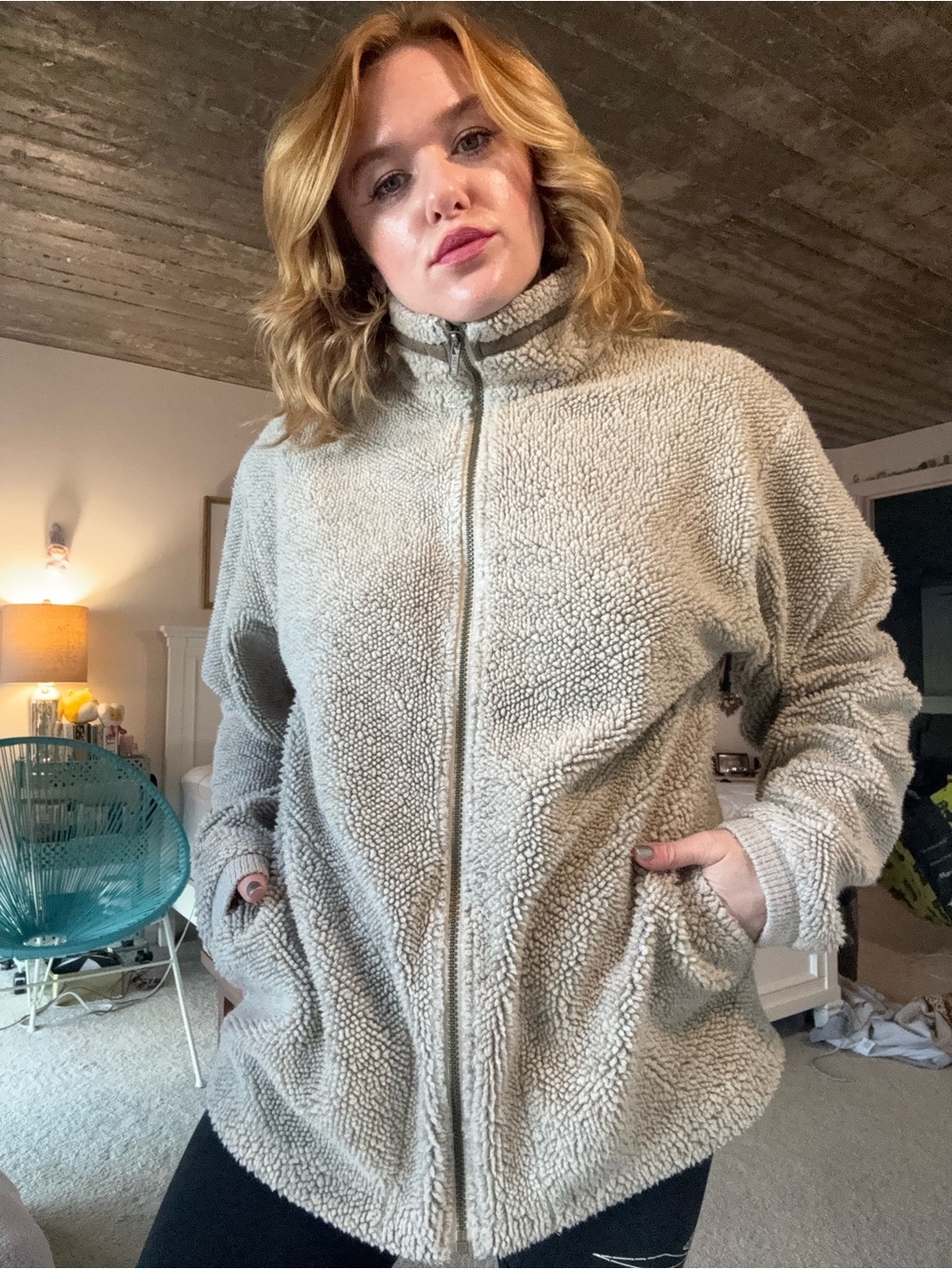 Zip-Front Cream Teddy Sherpa Jacket with Stand Collar